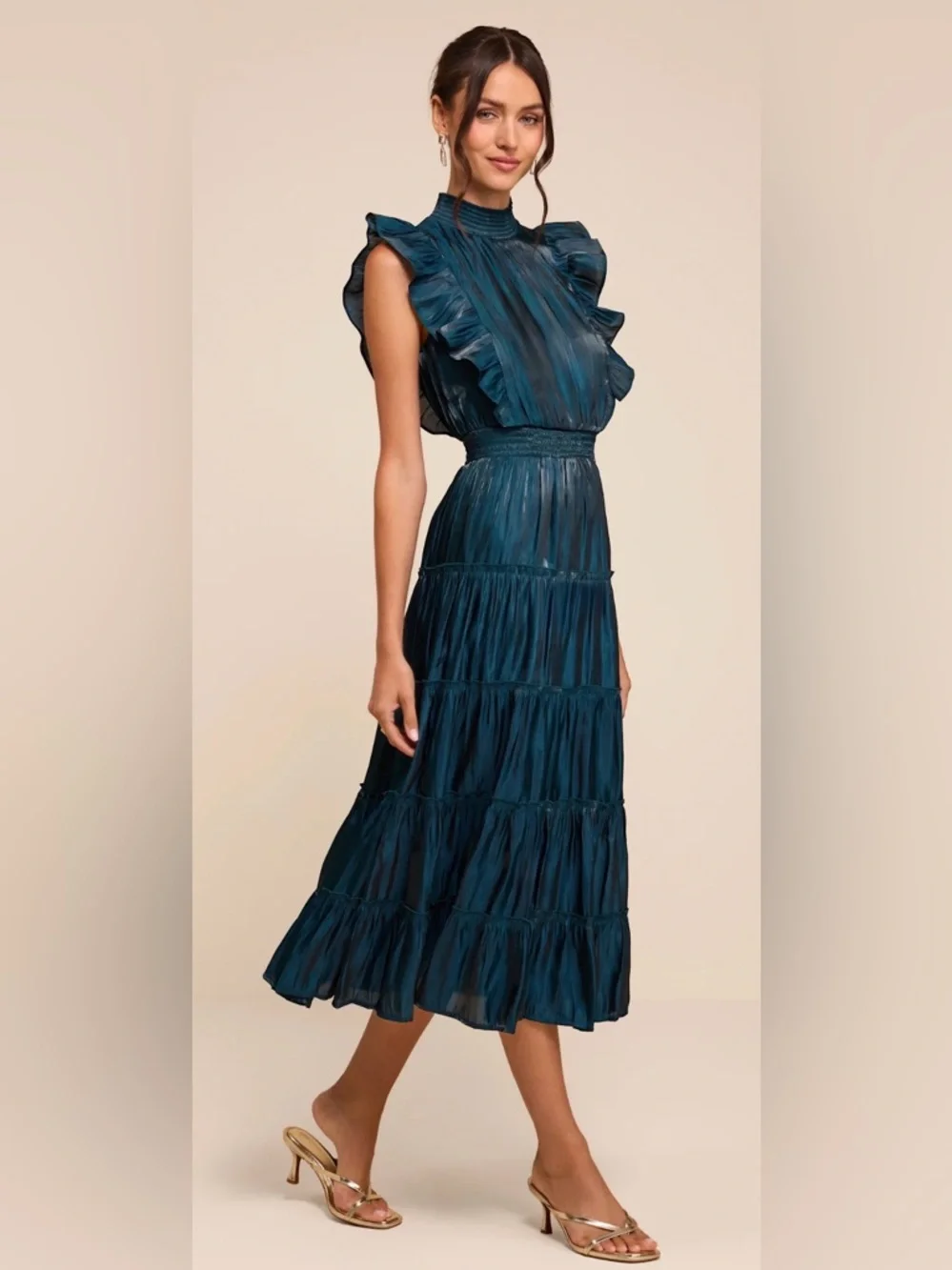Lulus Take a Glance Emerald Green Tiered Mock Neck Midi Dress